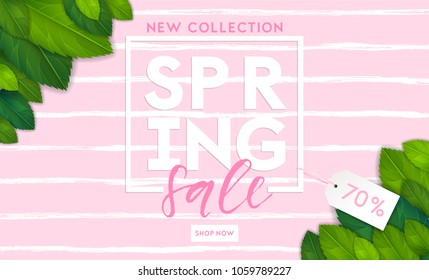 Spring fashion style sale flyer template with lettering. Bright fresh green leaves concept. Poster, card, label, banner design. Bright and stylish geometric background. Vector illustration EPS10