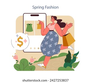 Spring Fashion theme. A delighted shopper engages with an online clothing sale, epitomizing modern digital consumerism.