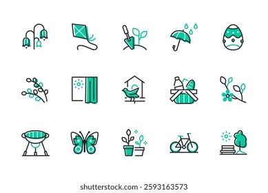 Spring features - set of line design style icons