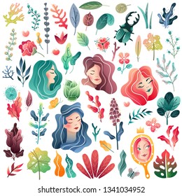 Spring female faces and flowers. Soft pastel colors. Summer decorative set. Vector illustration