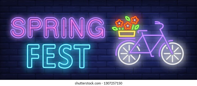Spring fest neon text, bicycle with flowers on luggage carrier. Spring season festival design. Night bright neon sign, colorful billboard, light banner. Vector illustration in neon style.