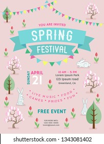 Spring festival announcing poster template. Text customized for invitation. Background with colorful garlands of flags. blossoming trees, flowers and cute rabbits. Vector illustration.