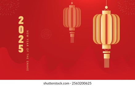 Spring Festival background design 2025 title and lanterns fireworks