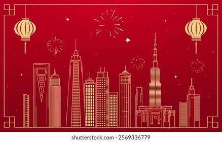 Spring Festival background design city skyline festive atmosphere