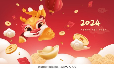 Spring Festival background design cute dragon reach out to grab ingots