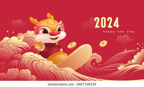 Spring Festival background design cute dragon surfing