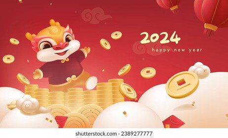 Spring Festival background design gold coins pile cute dragon