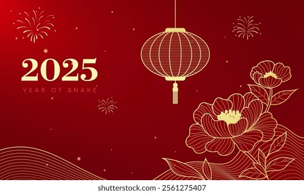 Spring Festival background design gold linear lanterns and peony flowers