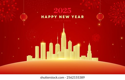 Spring Festival background design golden city and fireworks to celebrate