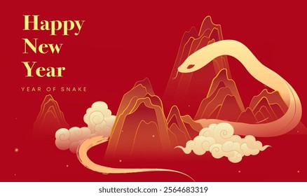 Spring Festival background design a golden snake and moire between the mountains