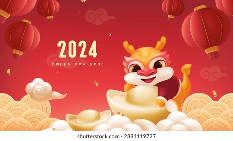 Spring Festival background design a lovely dragon holding a gold ingot