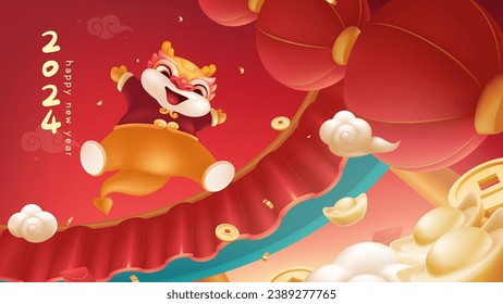 Spring Festival background design a lovely dragon falling from the sky