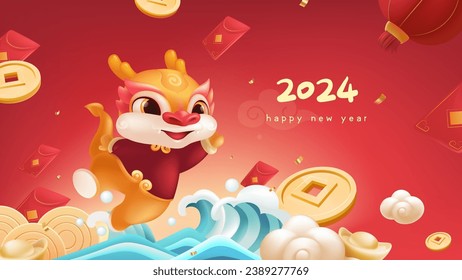 Spring Festival background design a lovely dragon and flying red envelopes