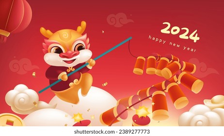 Spring Festival background design a lovely dragon is setting off firecrackers