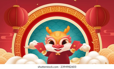 Spring Festival background design a lovely dragon happily holding a red envelope