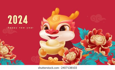 Spring Festival background design lovely dragon and rich peony