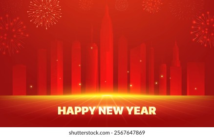 Spring Festival background design New Year wishes against the background of the city skyline