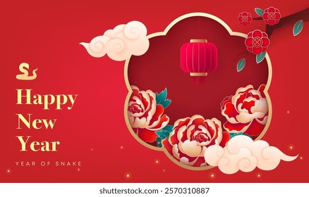 Spring Festival background design peony flowers and moire on a red background