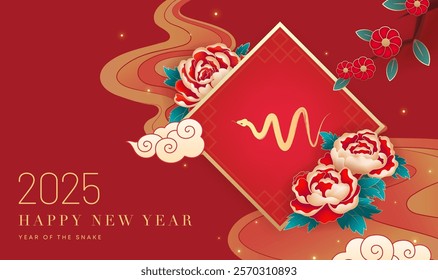 Spring Festival background design peony flowers and moisters to celebrate 2025