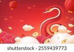 Spring Festival background design red snake in the cloud around the ingot and gold coins