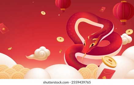 Spring Festival background design red snake red lantern red packet and wealth