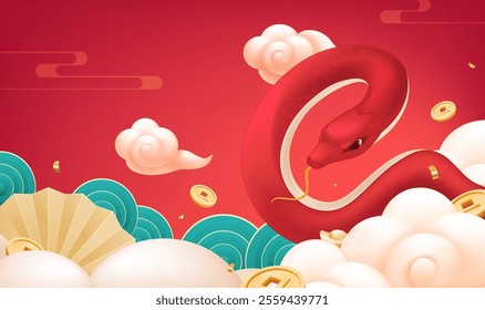 Spring Festival background design red snake dish in the cloud with red lanterns and gold coins