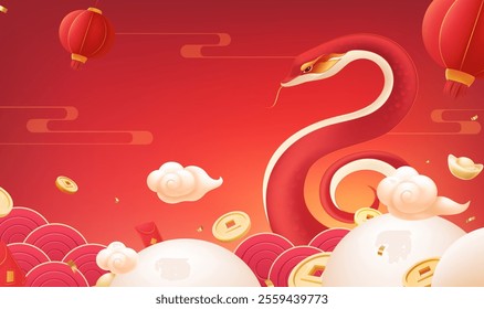 Spring Festival background design red snake in the cloud around the ingot and gold coins