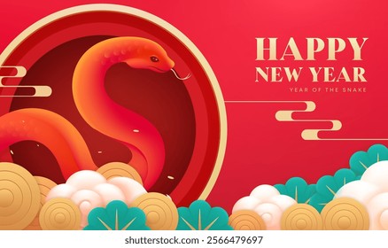 Spring Festival background design red snake snake and auspicious cloud