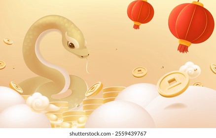 Spring Festival background design there is a golden snake in a pile of gold coins