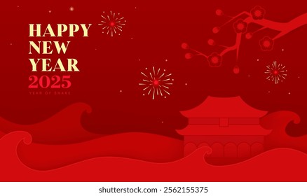 Spring Festival background design of the Year of the snake Chinese style architecture and plum blossom