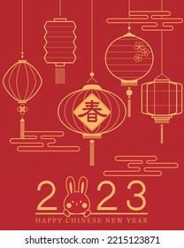 Spring Festival couplets on the lantern. Lantern background. Chinese translation: SPRING.