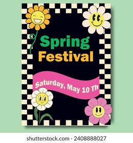 Spring Festival. Design for spring festival in retro groovy style. Design with spring flowers. Design sale for template, banners, wallpaper, flyers, invitation, posters, brochure, voucher discount.