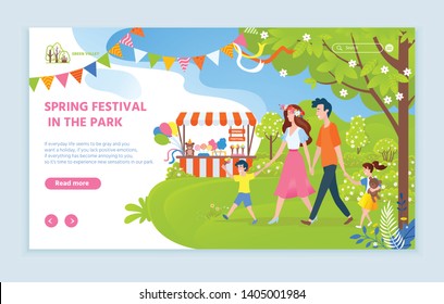 Spring Festival In Park Vector, Family Walking Together Mother And Father With Child On Nature, Tent With Plush Items On Sale, Holiday Celebration. Website Or Webpage Template, Landing Page Flat Style