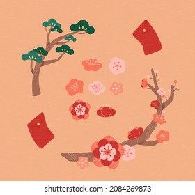 Spring festival plants element collection, including plum blossoms, pine branch and red envelopes. Isolated on orange background