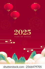 Spring Festival poster design Chinese landscape and red lanterns