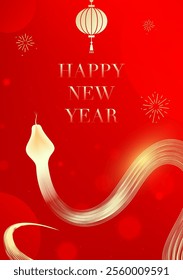 Spring Festival poster design gold snake and lantern fireworks on a red background