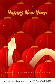 Spring Festival poster design golden snake between red lanterns