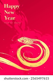 Spring Festival poster design a hand painted golden snake on a red background