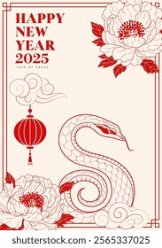 Spring Festival poster design linear snake year elements and peony flowers