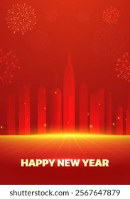 Spring Festival poster design New Year wishes against the background of the city skyline