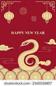 Spring Festival poster design paper-cut style snakes and lanterns and other Chinese elements