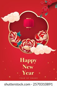 Spring Festival poster design peony flowers and moire on a red background