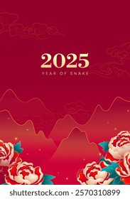 Spring Festival poster design peony and landscape moire