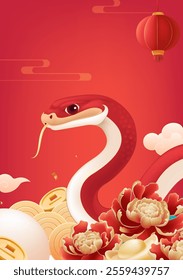 Spring Festival poster design red snake surrounded by rich peony