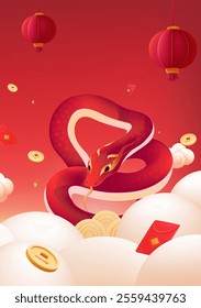 Spring Festival poster design red snake red lantern red packet and wealth