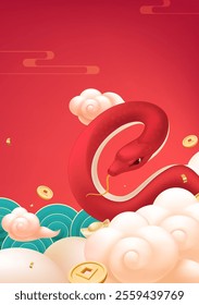Spring Festival poster design red snake dish in the cloud with red lanterns and gold coins