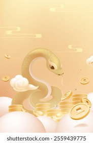 Spring Festival poster design there is a golden snake in a pile of gold coins