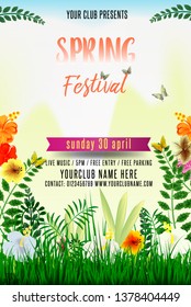 Spring festival poster or flyer design with green grass and sample text on abstract background. It is perfect for any kind of your parties. With this poster design you will grab everyone’s attention.