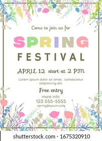 Spring festival poster template with collage from silhouettes of wild flowers and grass. Text customized for invitation to event. Garden party layout with botanical arrangement. Vector illustration.