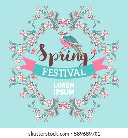 Spring festival template. Pink and white blossoms on tree branches on blue background. Hand-written brush lettering.